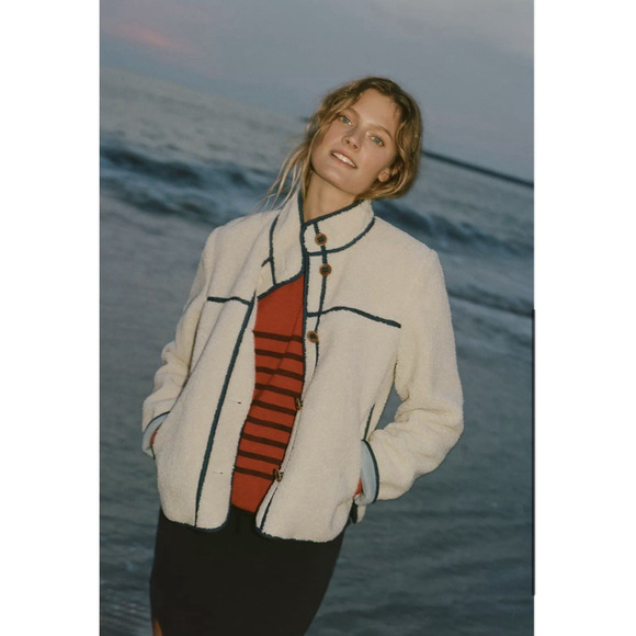 Anthropologie Piped Sherpa Jacket Size XS Cream Cozy Warm Pockets Fall Winter - Picture 1 of 16